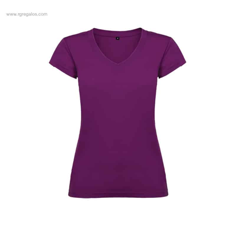Camiseta mujer cuello pico morado para merchandising corporativo