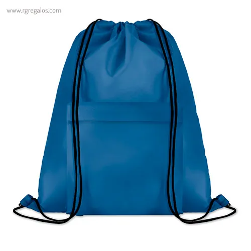 Mochila saco de poliéster con bolsillo azul rg regalos publicitarios