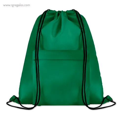 Mochila saco de poliéster con bolsillo verde rg regalos publicitarios