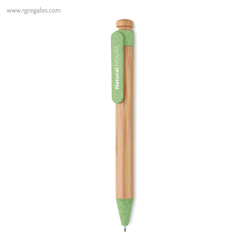 Bolígrafo cuerpo de bamboo verde con logo rg regalos publicitarios