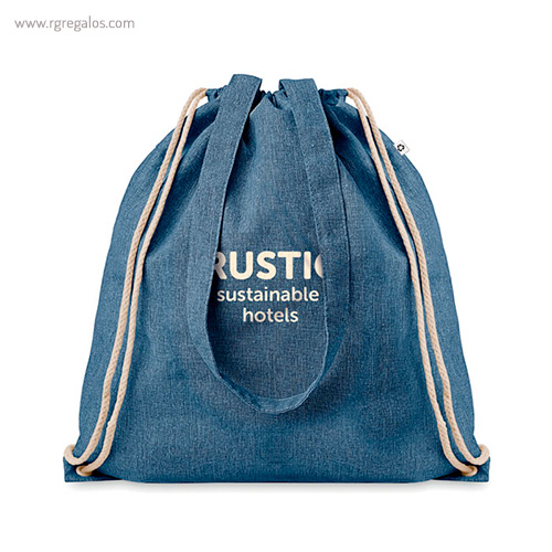 Bolsa mochila de algodón reciclado azul con logo rg regalos publicitarios