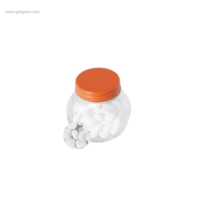 Bote cristal con caramelos para logo tapa naranja