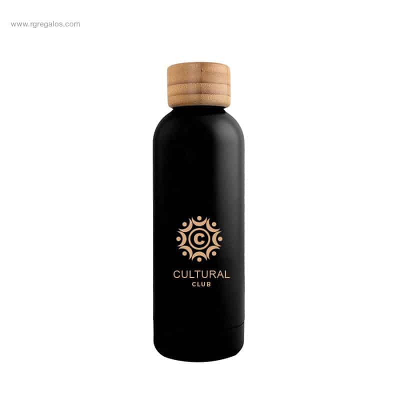 Botella acero inox tapón bambú negra con logo