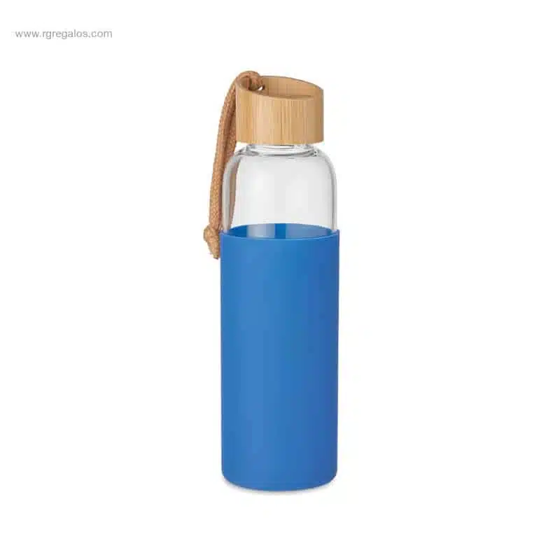 Botella con funda silicona y bambú azul