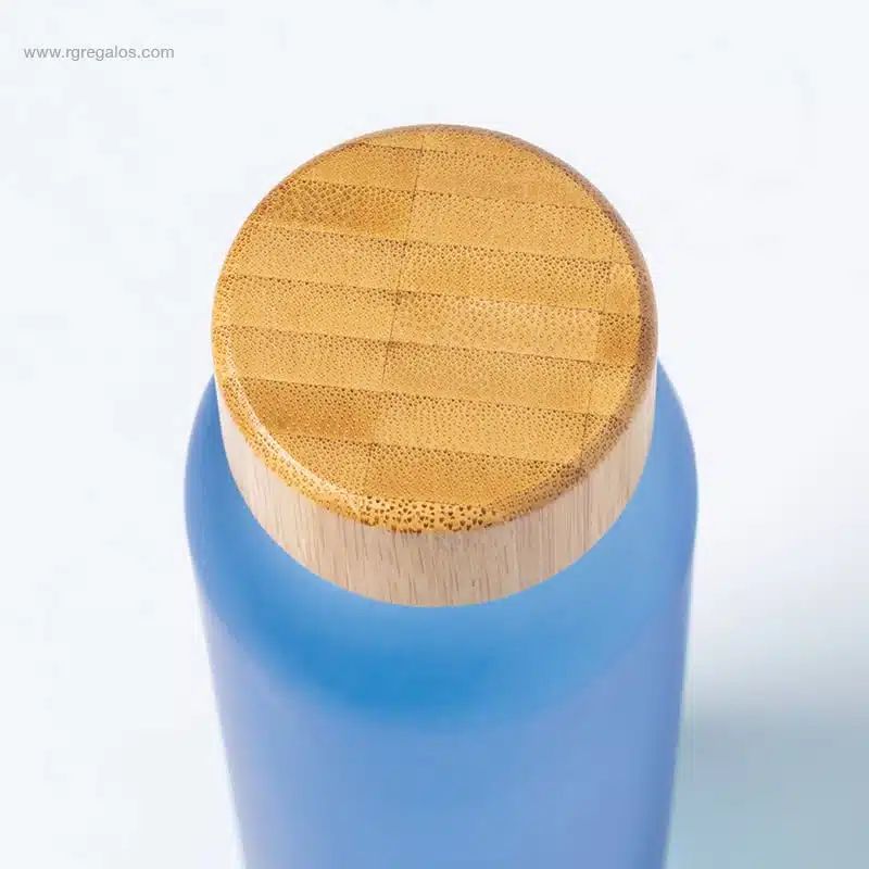 Botella cristal color tapón bambú azul detalle