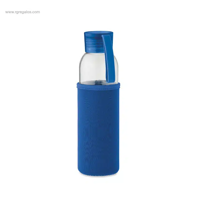 Botella vidrio reciclado con funda azul para personalizar